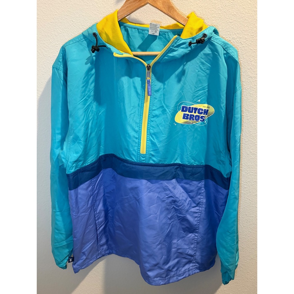 Dutch Bros Coffee Windbreaker Pullover Quarter Zip Hooded Jacket Teal Blue Large